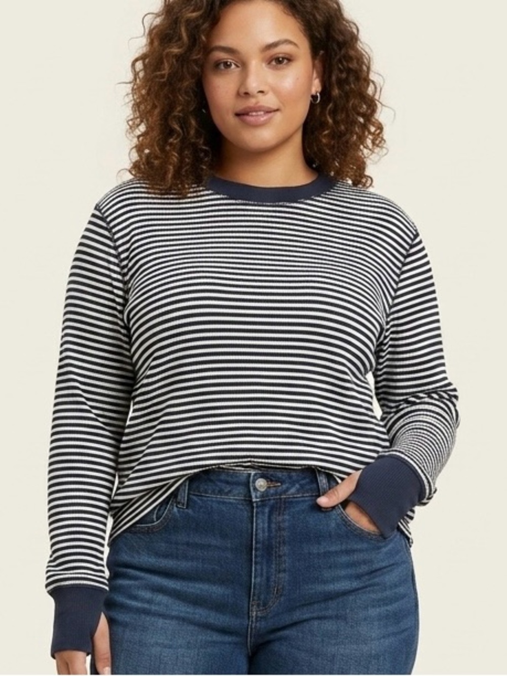 Duluth Trading Co Long Sleeve Navy & White Preppy Waffle-knit Thermal Top SZ 1X